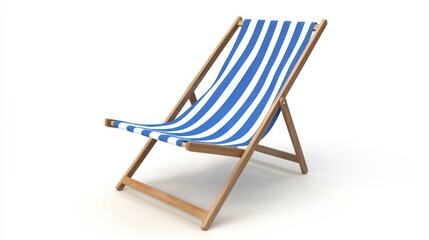 Blue and white striped wooden deck chair isolated on white background.