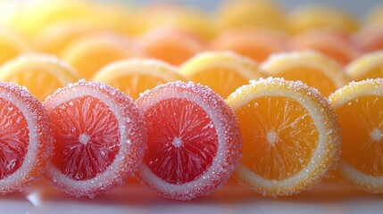 Sliced fruit gummies in vibrant citrus flavors, sugar-dusted, soft lighting, macro perspective, high contrast.