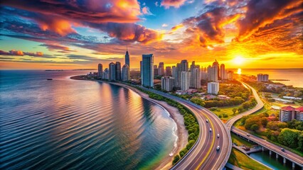 Stunning City Skyline, Highway & Ocean View - Panoramic Coastal Metropolis