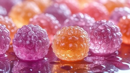 Translucent fruit-flavored hard candies, stacked and scattered, bright reflections, glossy textures, high detail, macro perspective.