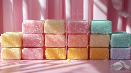 Stacked pastel-colored fudge squares, smooth and creamy texture, high detail, soft and elegant lighting.