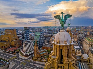 Aerial view of the Royal Liver building, a Grade I listed building in Liverpool, England
