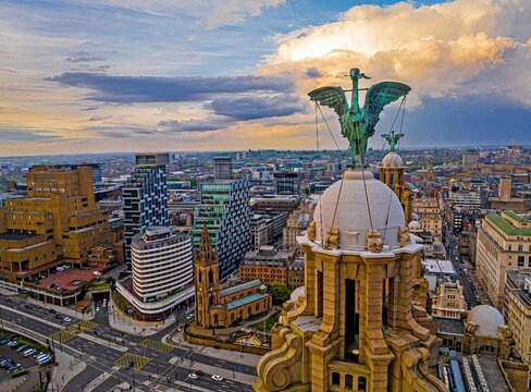 Aerial view of the Royal Liver building, a Grade I listed building in Liverpool, England