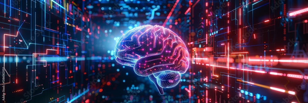 Poster brain in cyberspace grid - a futuristic concept depicting a brain within a neon data grid, symbolizi