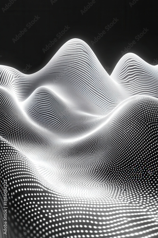 Poster luminous wave abstract background with dotted pattern in shades of gray and white for modern tech de