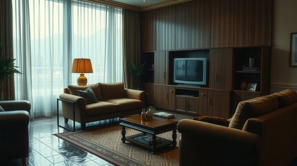 Living room with cozy furniture, entertainment center, coffee table, rug and large sheer-curtained window.