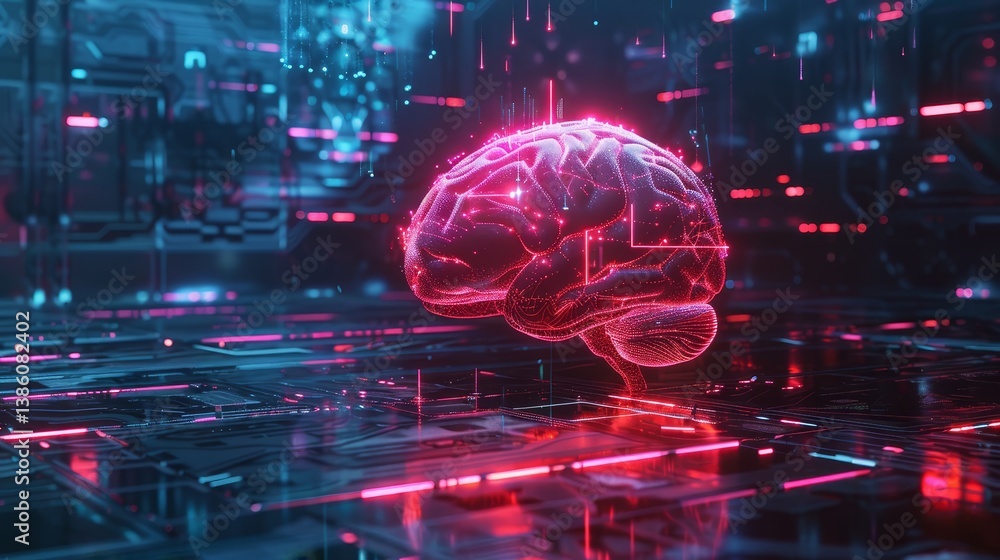 Poster brain network - abstract glowing brain in a network, representing ai, technology, and intelligence