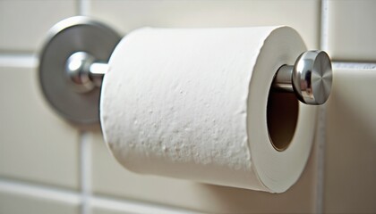 Rolled white toilet paper on a holder in a modern bathroom setting