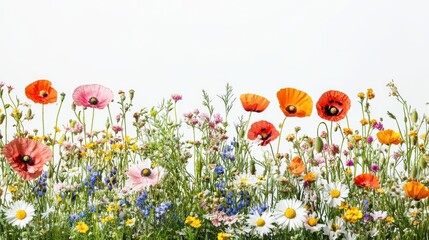 A high-angle view of a variety of wildflowers in a field, including daisies and poppies, with the sun shining down, on a white background © Chandlerlikes