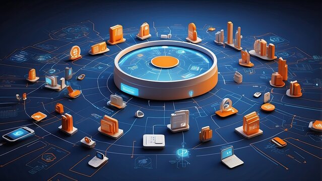 A digital illustration depicting a smart banking ecosystem.