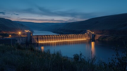 a dam and river at dusk 