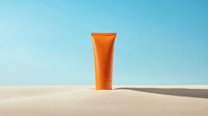 Bright orange sunscreen tube stands upright on soft sand, capturing the essence of a sunny day at the beach, perfect for sun protection