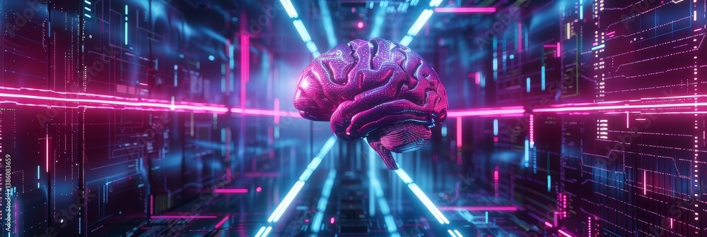 Poster brainwave in cyberspace: neon data grid - a futuristic concept of a brain within a vibrant neon data