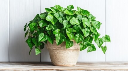 A top-down shot of a potted plant with green leafy vines trailing down, placed on a wooden shelf, on a white background