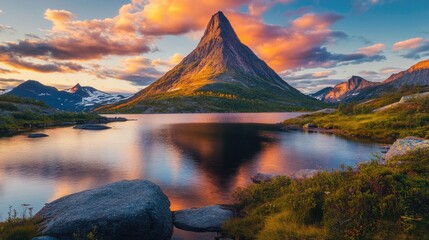 Photo of mountains in Norway sunse landscape of rocky peaks summer travel beautiful destinations