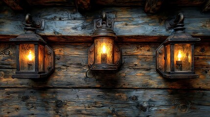 A dimly lit rustic cabin interior with aged wooden beams, flickering lanterns, and deep shadows casting moody warmth