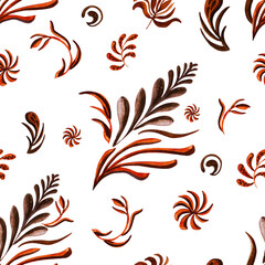 Watercolour autumn leaves ornament pattern. Luxury ornametal painting. Gentle brown seamless illustration