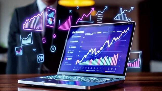 Business analytics dashboard on laptop with holographic charts and graphs floating above. Financial data visualization with neon metrics, kpis, and growth trends. Digital technology for intelligence - Powered by Adobe