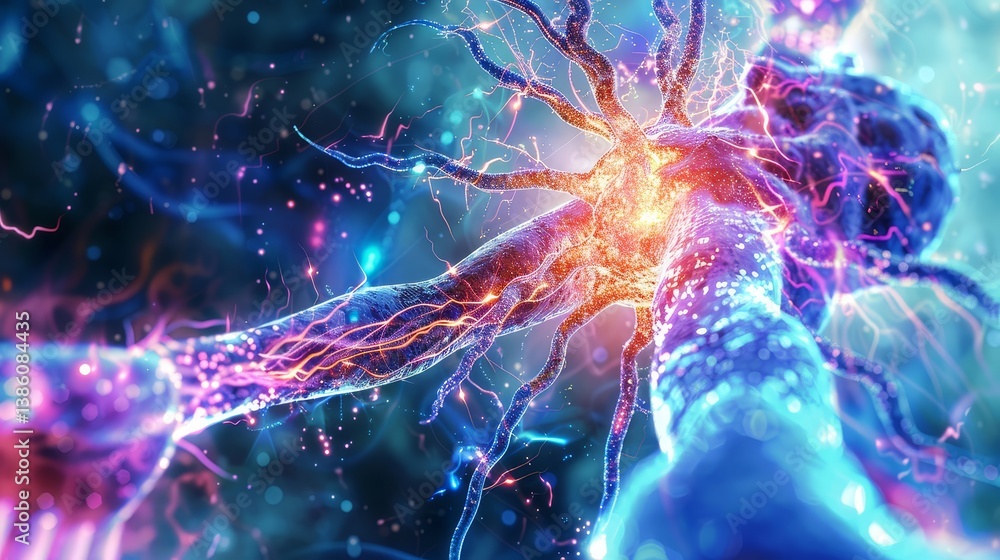 Poster cellular energy enhancement: coq10 and neural networks - microscopic view of neural network, vibrant