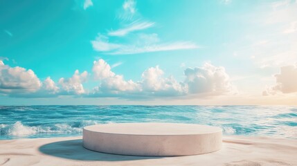 Obraz premium Beach booth photo, summer background, sand products, 3d exhibition booth, beach booth, summer banner