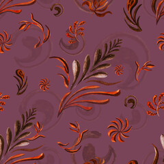 Watercolour autumn leaves ornament pattern. Luxury ornametal painting. Gentle brown seamless illustration