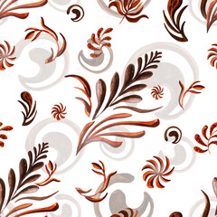 Watercolour autumn leaves ornament pattern. Luxury ornametal painting. Gentle brown seamless illustration