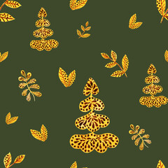 Watercolour autumn leaves ornament pattern. Luxury ornametal painting. Gentle brown seamless illustration