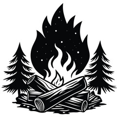 Campfire with Flames, Logs, Pine Trees in Black and White Silhouette