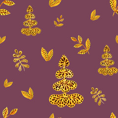 Watercolour autumn leaves ornament pattern. Luxury ornametal painting. Gentle brown seamless illustration