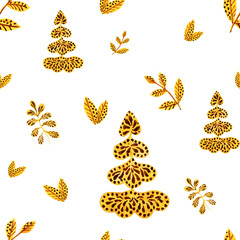 Watercolour autumn leaves ornament pattern. Luxury ornametal painting. Gentle brown seamless illustration