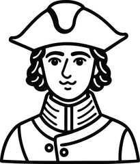 Outline Portrait of Colonist Gentleman with Colonial Hat, Transparent Background