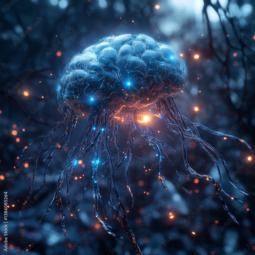 Aufkleber Abstract Neural Network: Bioluminescent Brain with Glowing Connections in a Dreamy Digital Landscape