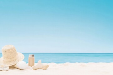 vibrant and minimalistic start of summer theme showcasing simple beach essentials laid out on soft sand