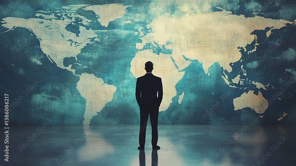 Poster man standing in front of global map representing exploration concepts