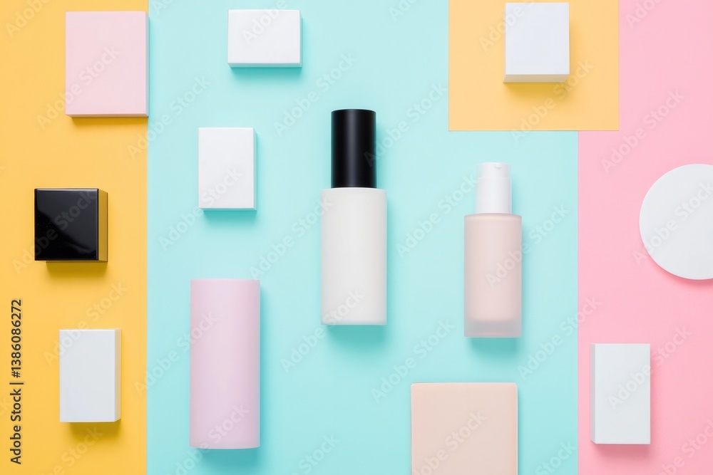 Poster vibrant array of cosmetics against colorful background each item neatly organized for clean image