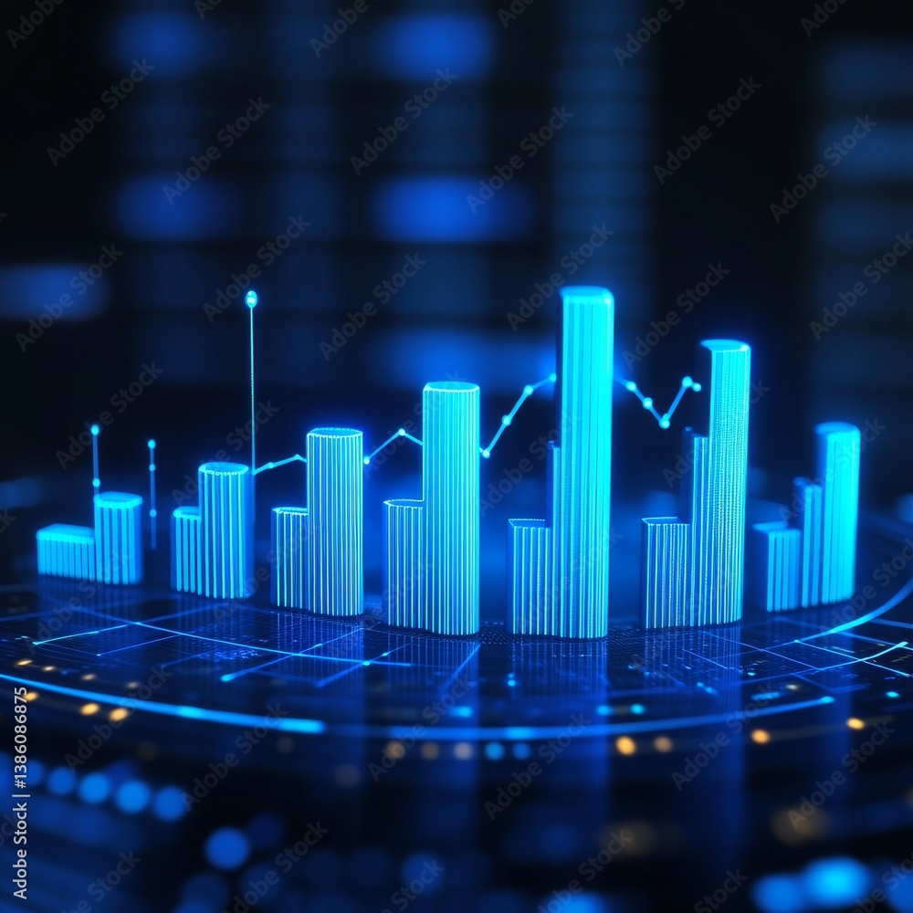 Poster Futuristic Financial Data Visualization: Glowing Blue Bar Chart and Line Graph on Circuit Board