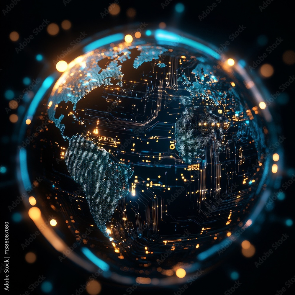 Poster global network technology: a digital world globe illuminated with vibrant circuitry and glowing node