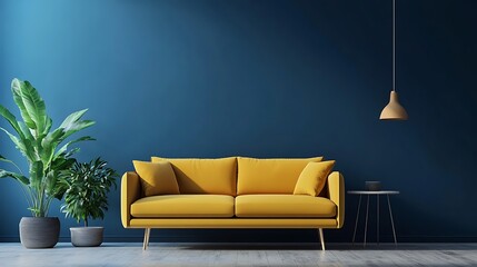 Interior design features a mustard sofa with plants and a lamp