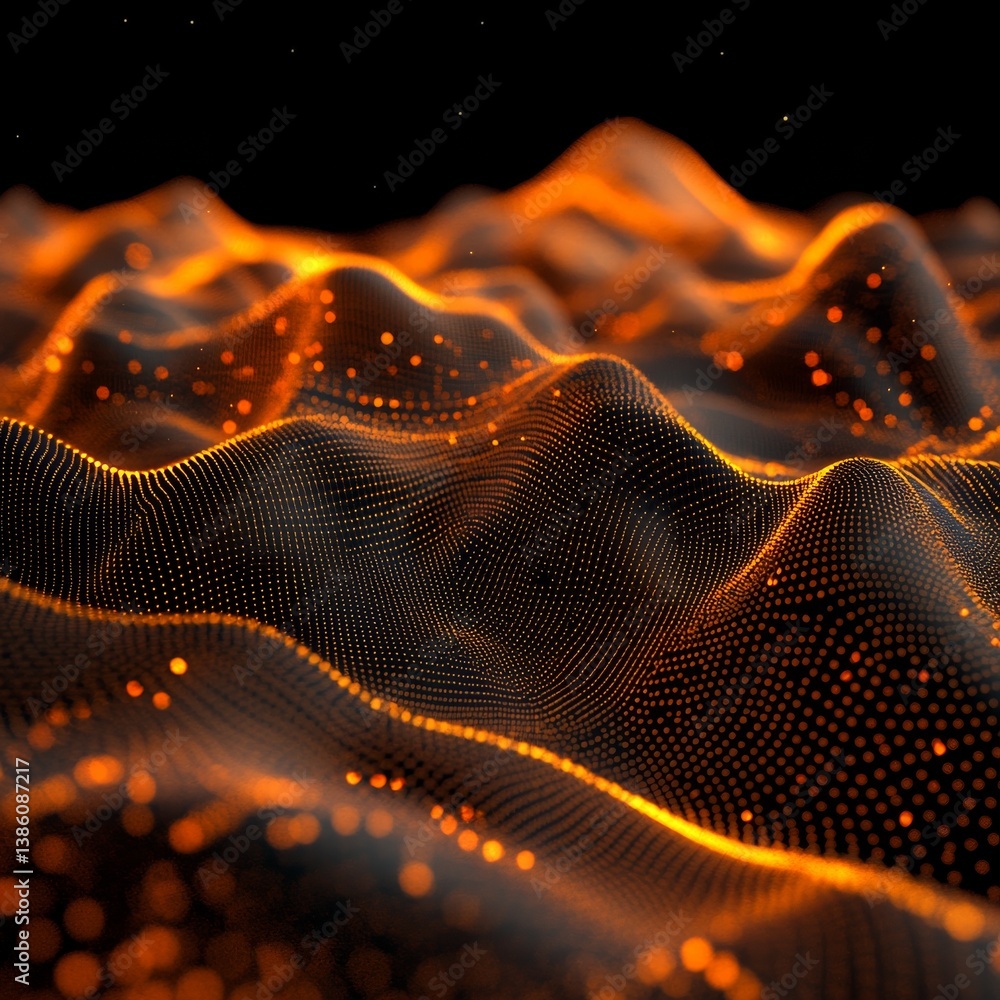 Poster golden wave: abstract digital landscape with glowing particles, futuristic network of light and shad