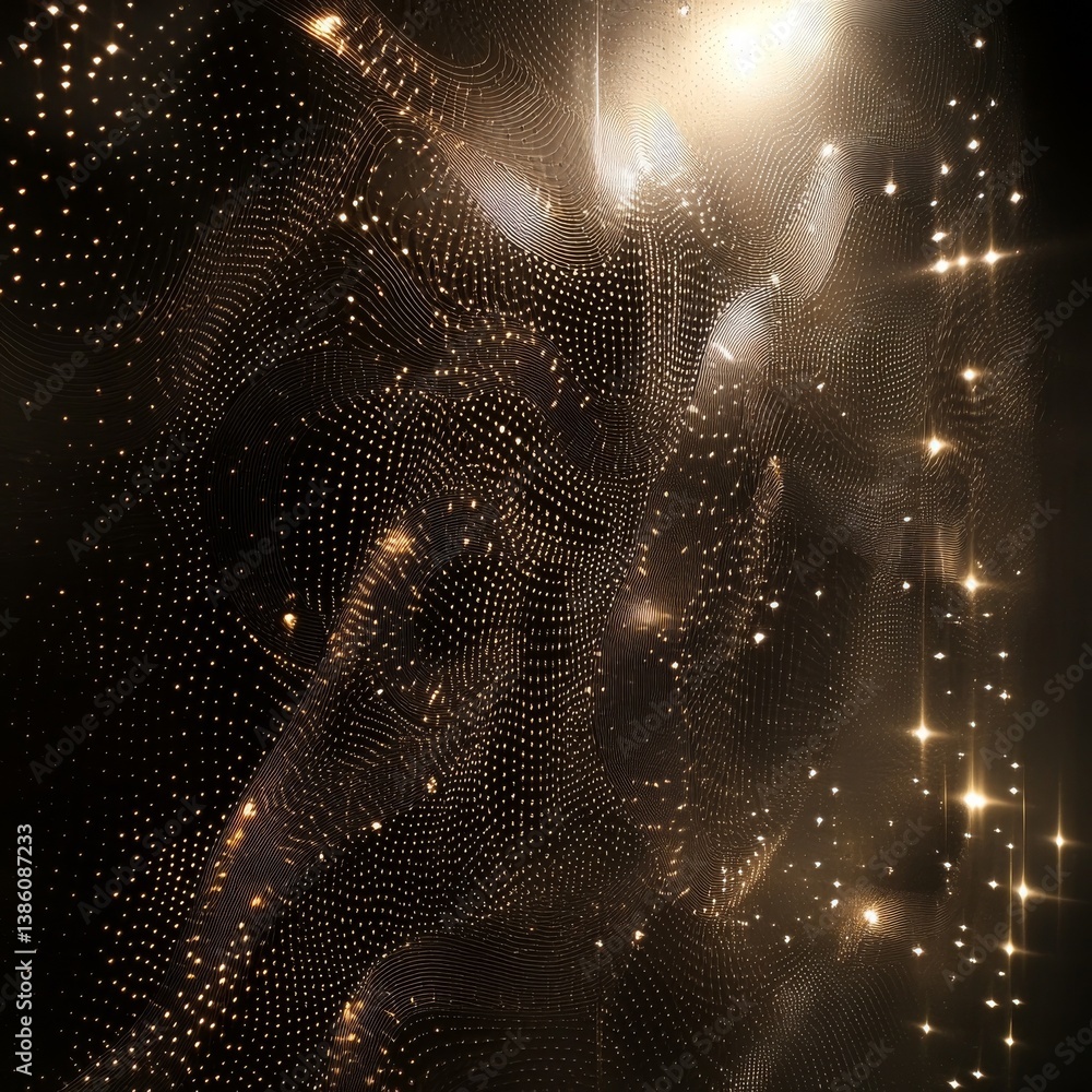 Poster Golden Web: An abstract background of curved lines and dots creating a textured pattern with sparkling light effects.