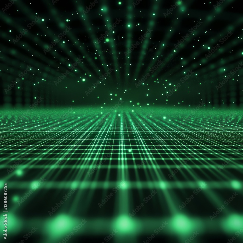 Poster green digital landscape: abstract grid with glowing particles and lights for technology backgrounds