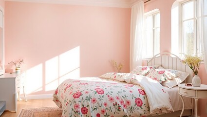 Pastel Bedroom with Floral Bedding: Airy and Bright Interior Design