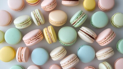 Fototapeta premium A pastel macaron flatlay masterpiece captured with stunning clarity and soft studio light, perfect for dessert lovers and bakery branding.