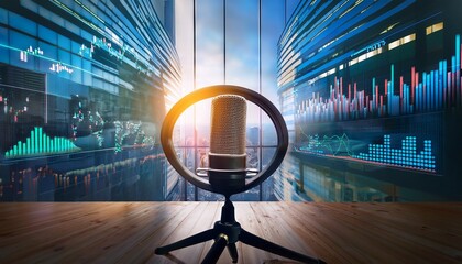 business podcast studio with financial charts
