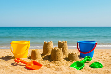 Colorful toy shovels, buckets, and sandcastles scattered on the beach sand with a calm sea and clear sky in the background, creating a peaceful, sunny atmosphere.