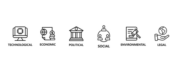 Septel banner web icon vector illustration concept of political economic social technological environmental legal with icon of governance, finance, network, automation, ecology, law statement