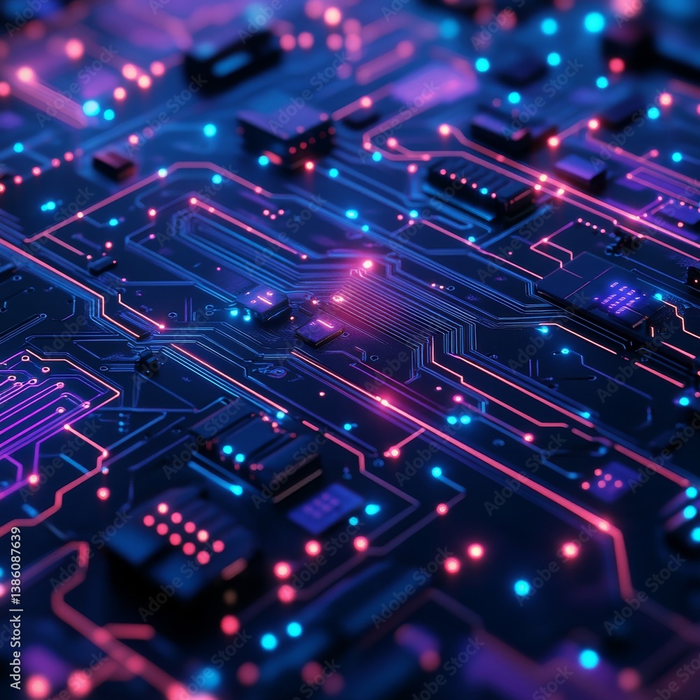 Poster neon circuit board: futuristic technology with glowing connections and components