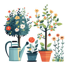Colorful potted plants and watering can spring garden illustration, isolated on transparent background © Anha