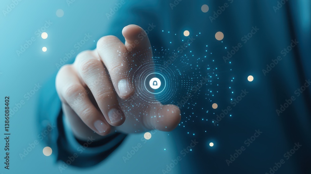 Poster fingertip touching futuristic digital interface button, seamless technological interaction