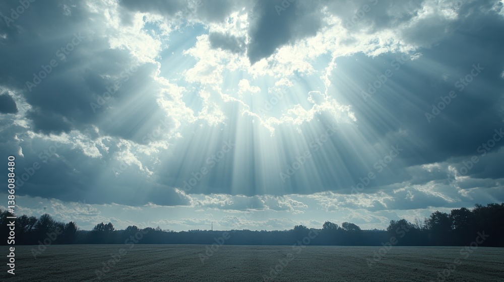 Poster ethereal sunlight streaming through dramatic clouds over a vast field creating a serene and hopeful 